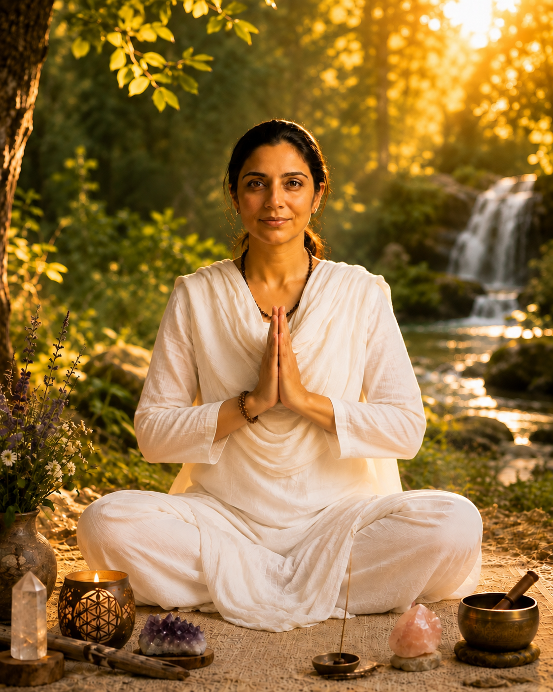 Femme en méditation, mains jointes, entourée de cristaux et bougies, près d'une cascade